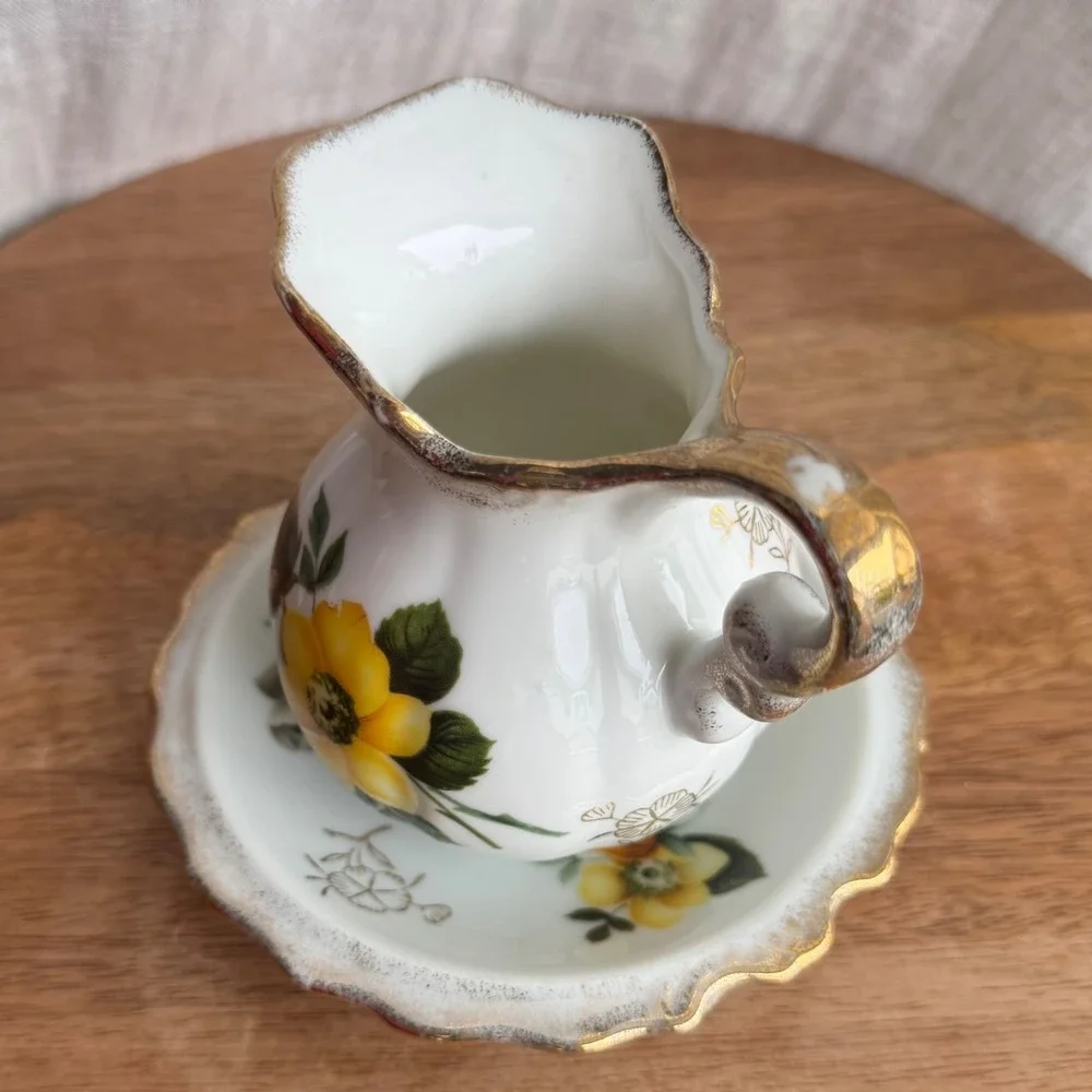 VTG Enesco Mini Pitcher Creamer and Saucer White Yellow Floral Gold Trim Japan